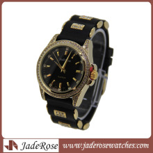 Hot Sell Black Strap Gold Case Ladies Quartz Silicone Watch